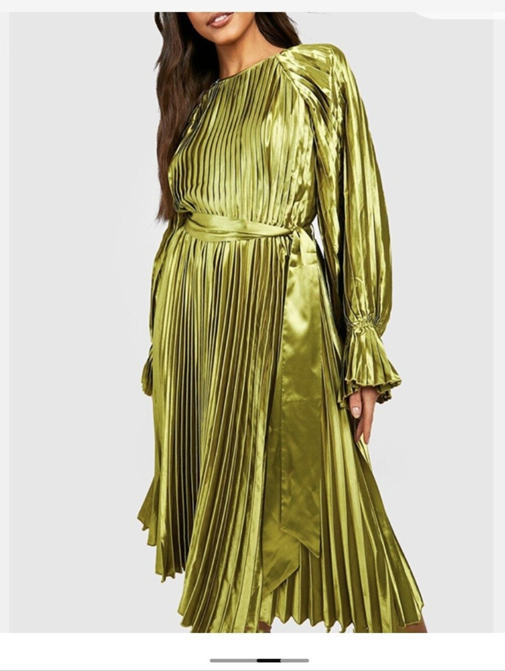 BNWT Green Satin/Poly Pleated Tie-Detail Midi Long Sleeve Holiday Dress